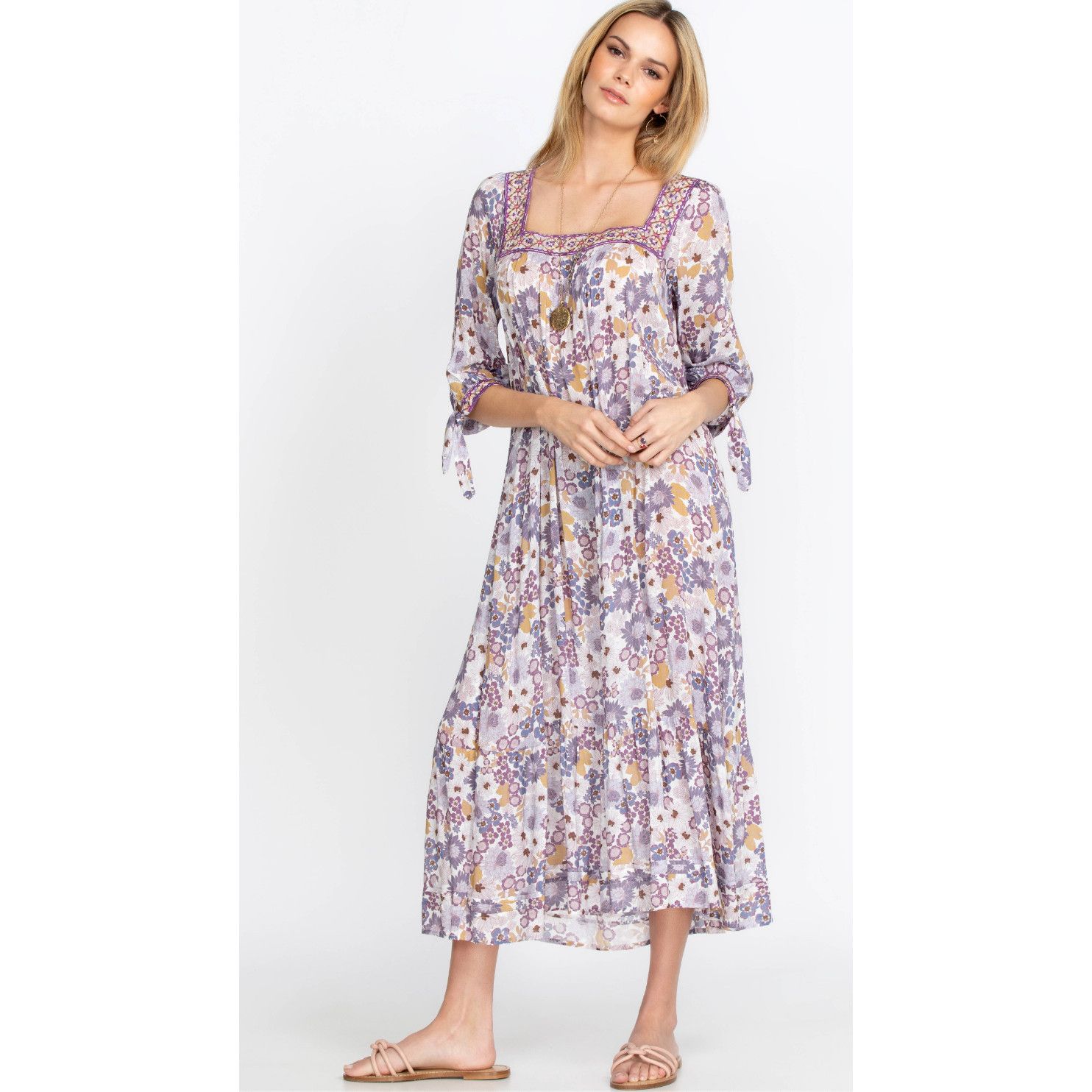 image of Johnny Was Dione Midi Dress In Purple Flowers, Women's (Size XL)