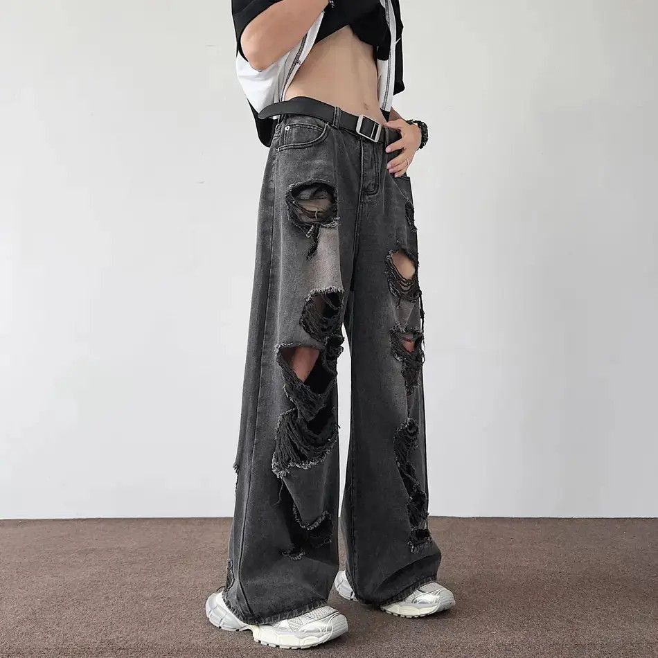 Japanese Brand Retro loose casual wide leg ripped jeans Size US 34 / EU 50 - 4 Thumbnail