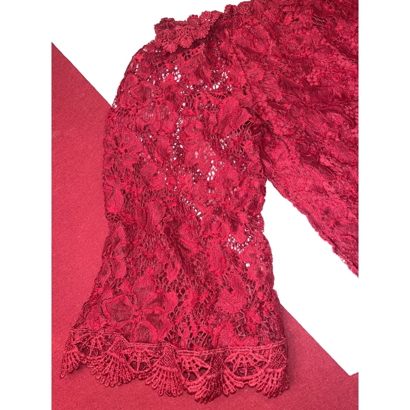 Vintage Ours Red Lace Dress Off Shoulder 3/4 Sleeve Knee Length M Women Dress Size M / US 6-8 / IT 42-44 - 4 Thumbnail