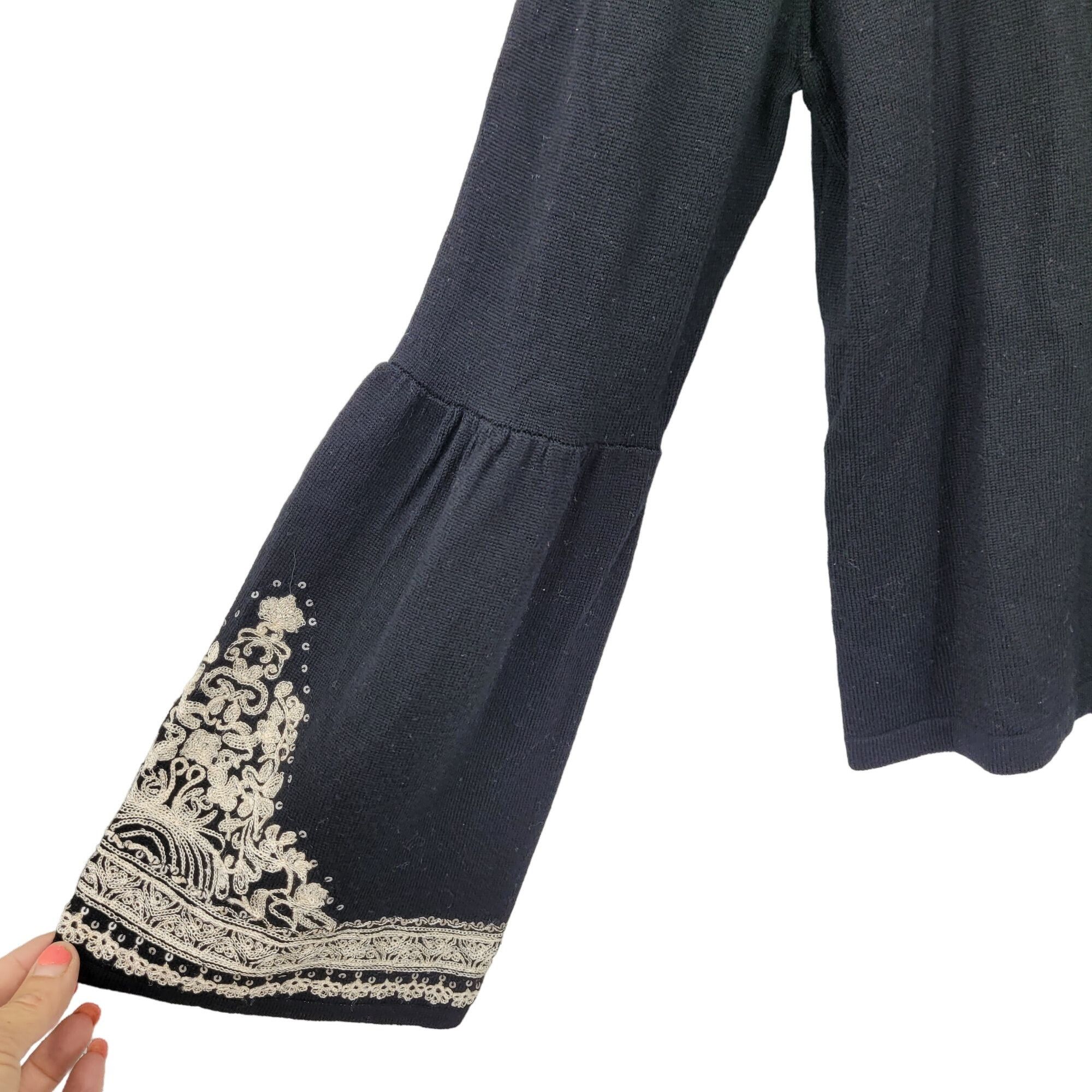Nanette Lepore Vtg Merino Wool Sweater Cardigan M Black Embroidered Bell Sl Size M / US 6-8 / IT 42-44 - 8 Thumbnail