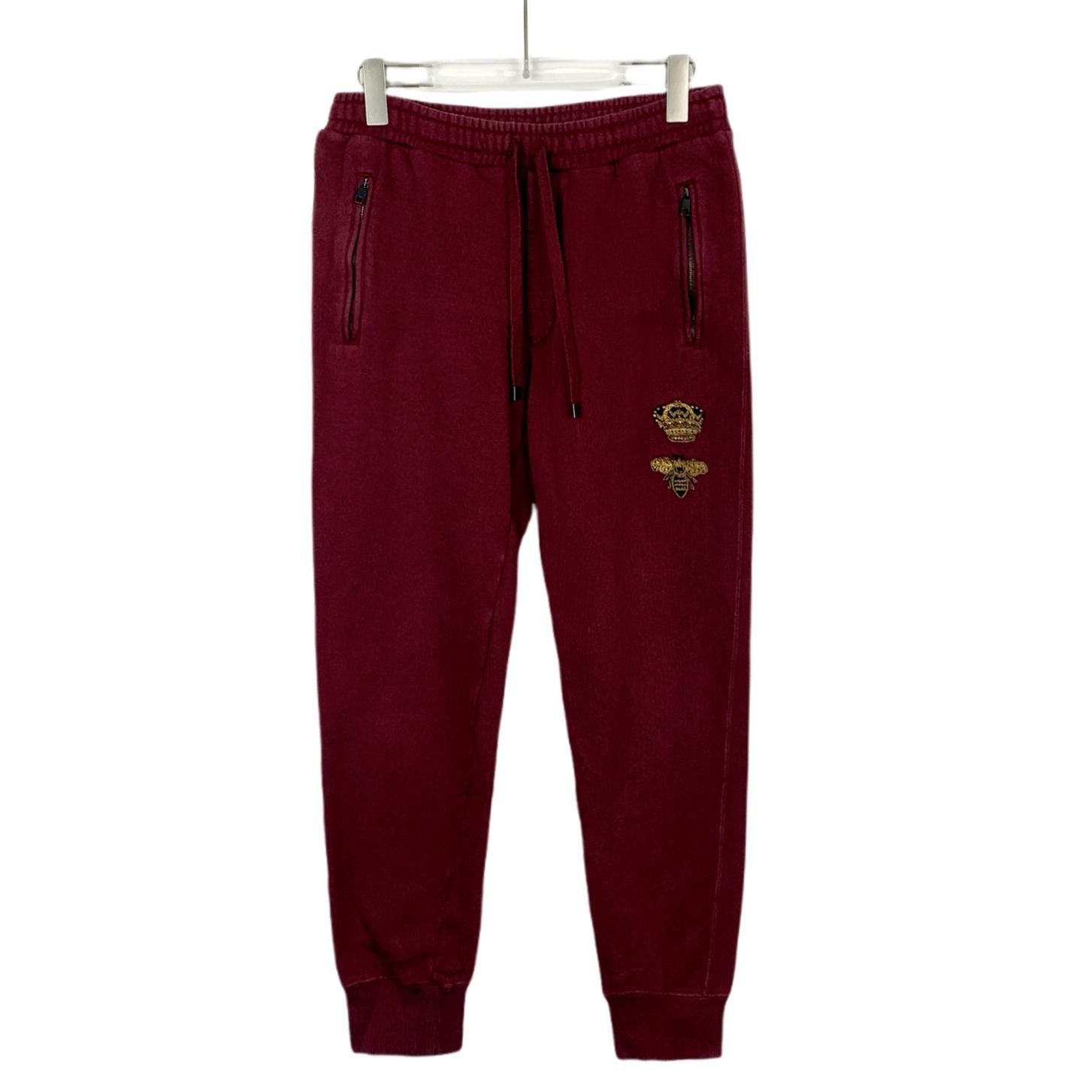Dolce & Gabbana Wine Red Crown Bee Embroidered Cotton Trouse