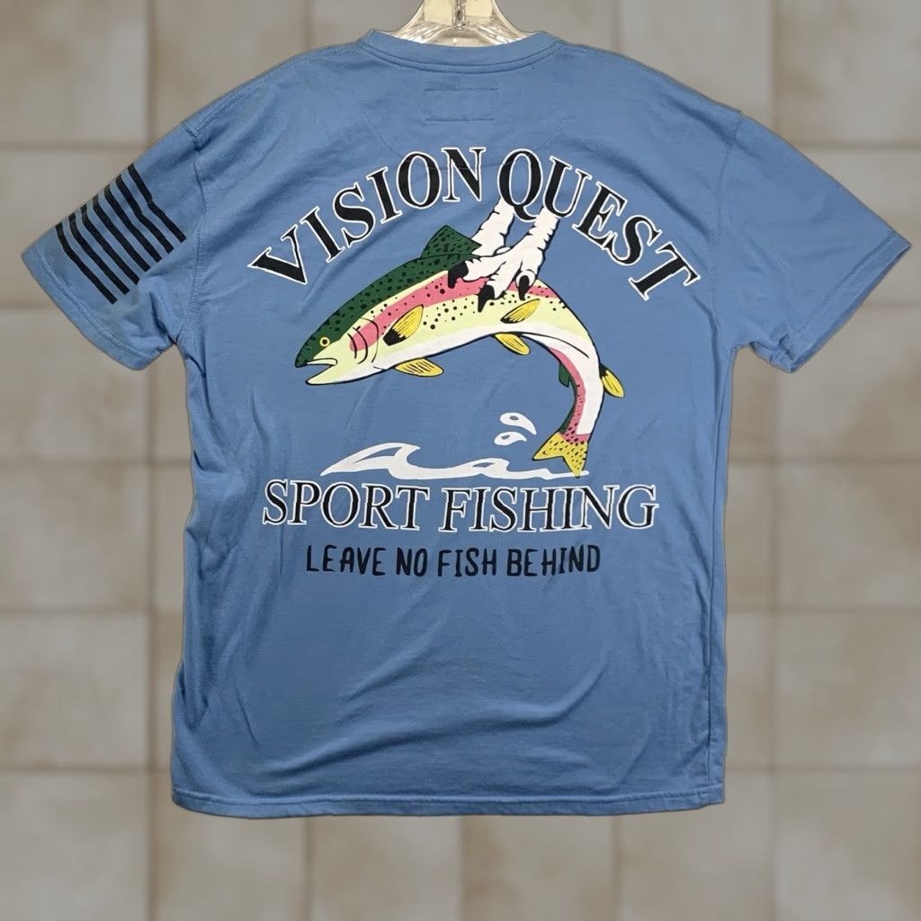 Vintage Vintage Men's Fishing T-Shirt Medium Light Blue Crew Neck Short Sleeve Graphic Print All Seasons Size US M / EU 48-50 / 2 - 1 Thumbnail