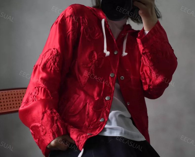 Comme des Garcons Comme Des Garcons Red Satin Ribbon Embroidered Bow Hooded Size S / US 4 / IT 40 - 1 Thumbnail