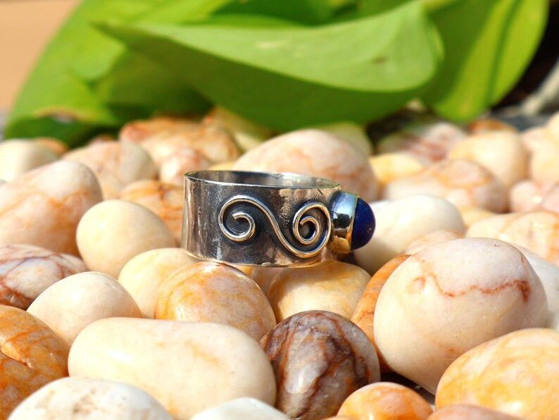 Handmade Lapis Lazuli Band Ring, Handmade Sterling Silver Ring Size ONE SIZE - 3 Thumbnail