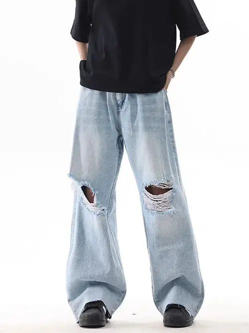 vintage light blue ripped washed loose jeans