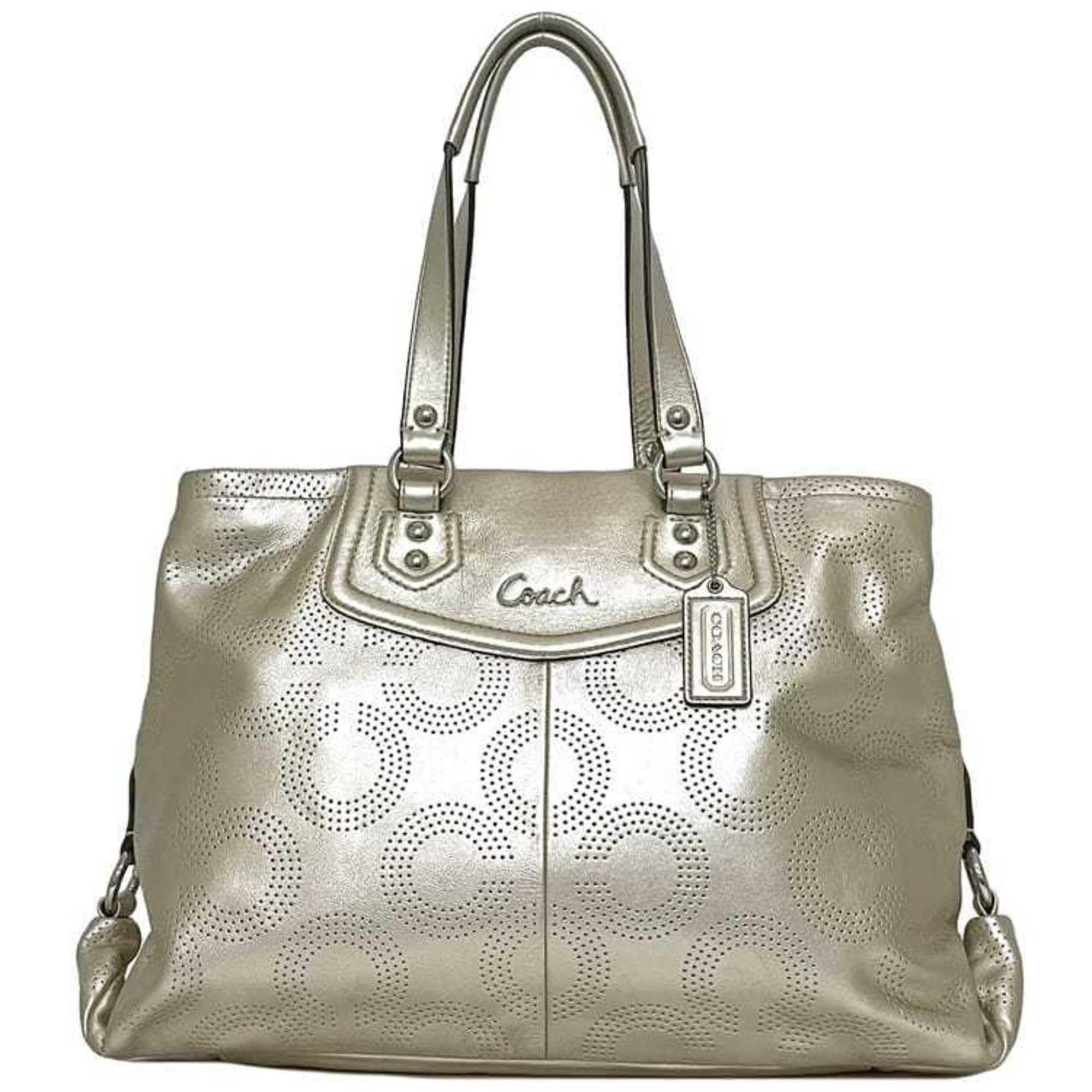 Coach Tote Bag Ec-23165 Champagne Gold Op Art F23603 Leather Coach Punching Women's