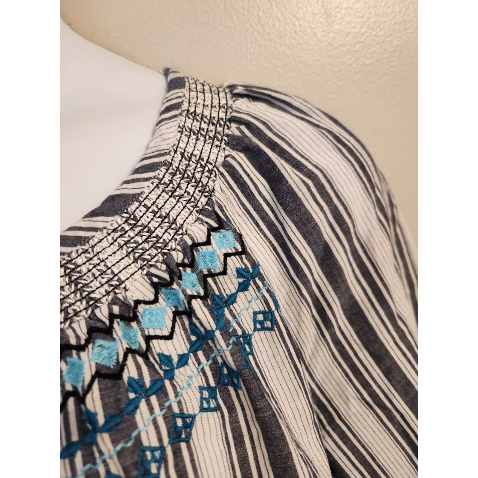 Vintage Catherines Blue White Stripe Embroidered Trim Balloon Sleeve Top Hippie Boho 0X Size XL / US 12-14 / IT 48-50 - 3 Thumbnail
