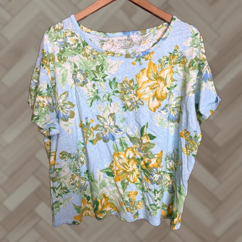 Talbots Talbots T-Shirt Womens M Blue Geometric Floral Beach Nautical Linen Cotton Blend Size M / US 6-8 / IT 42-44 - 1 Thumbnail