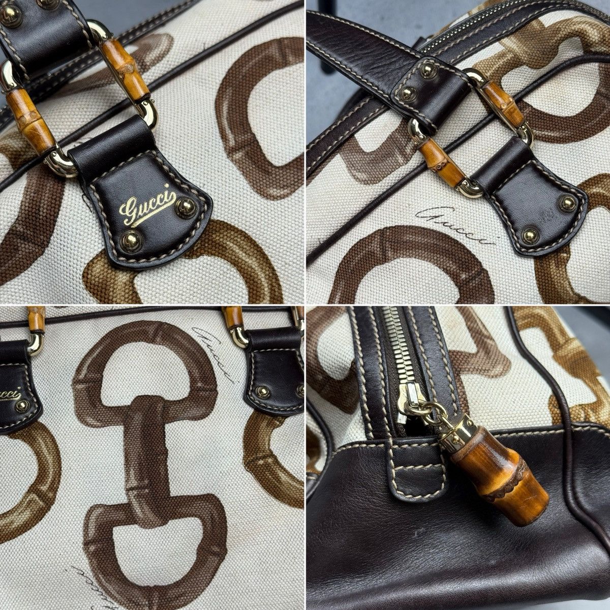 Gucci Vintage Gucci Bamboo Canvas Boston Bag Brown Leather Trim Size ONE SIZE - 8 Thumbnail