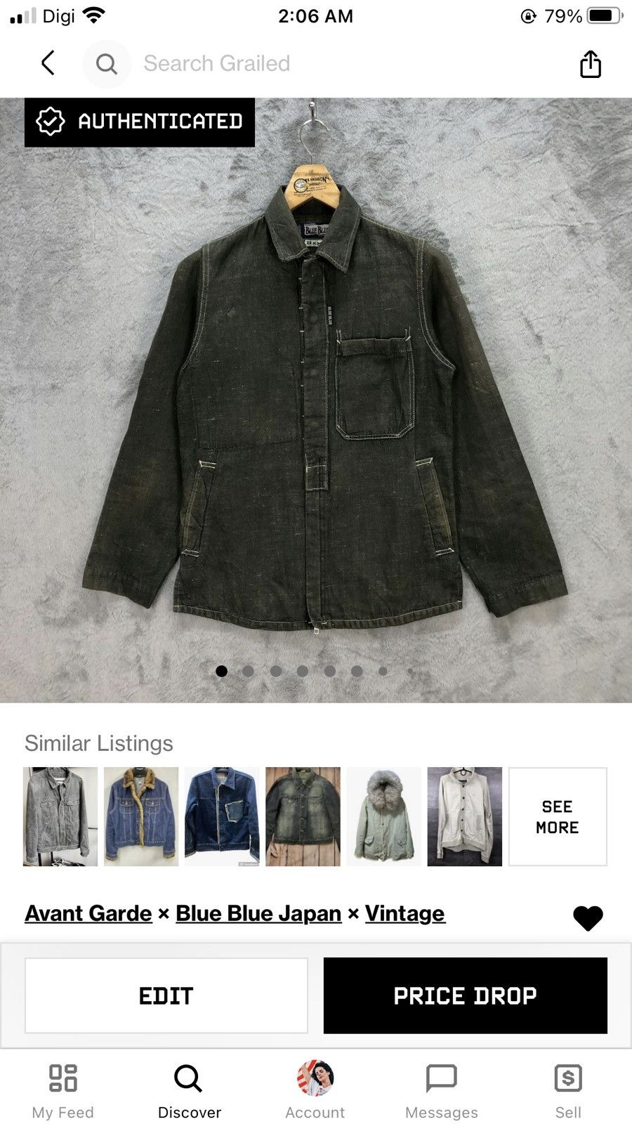 Blue Blue Japan BLUE BLUE HEMP HALF BUTTON & ZIP DENIM JACKET #5845-210 Size US XS / EU 42 / 0 - 17 Thumbnail