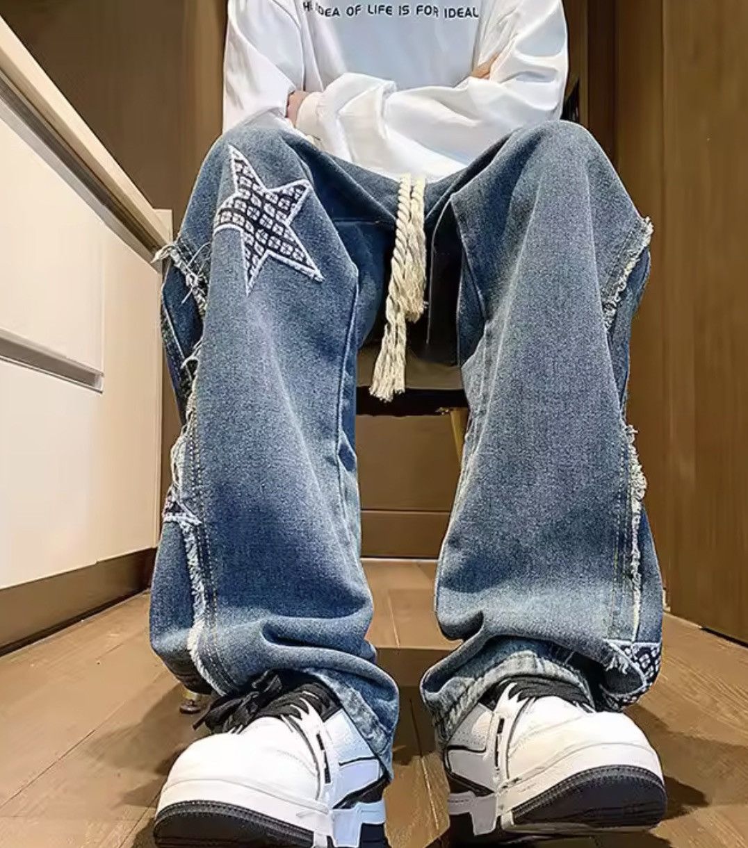 Jean Distressed Star Patchwork Denim – Raw Edge Deconstructed Size US 34 / EU 50 - 6 Thumbnail