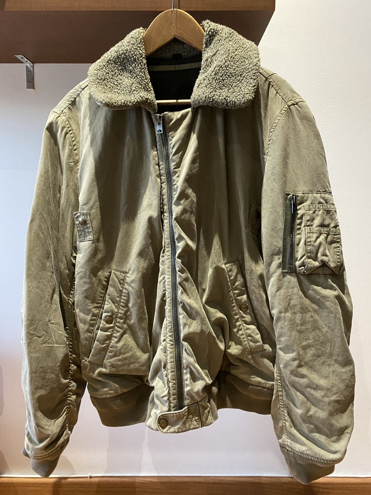 AllSaints Bomber Jacket Olive Green with Sherpa Collar