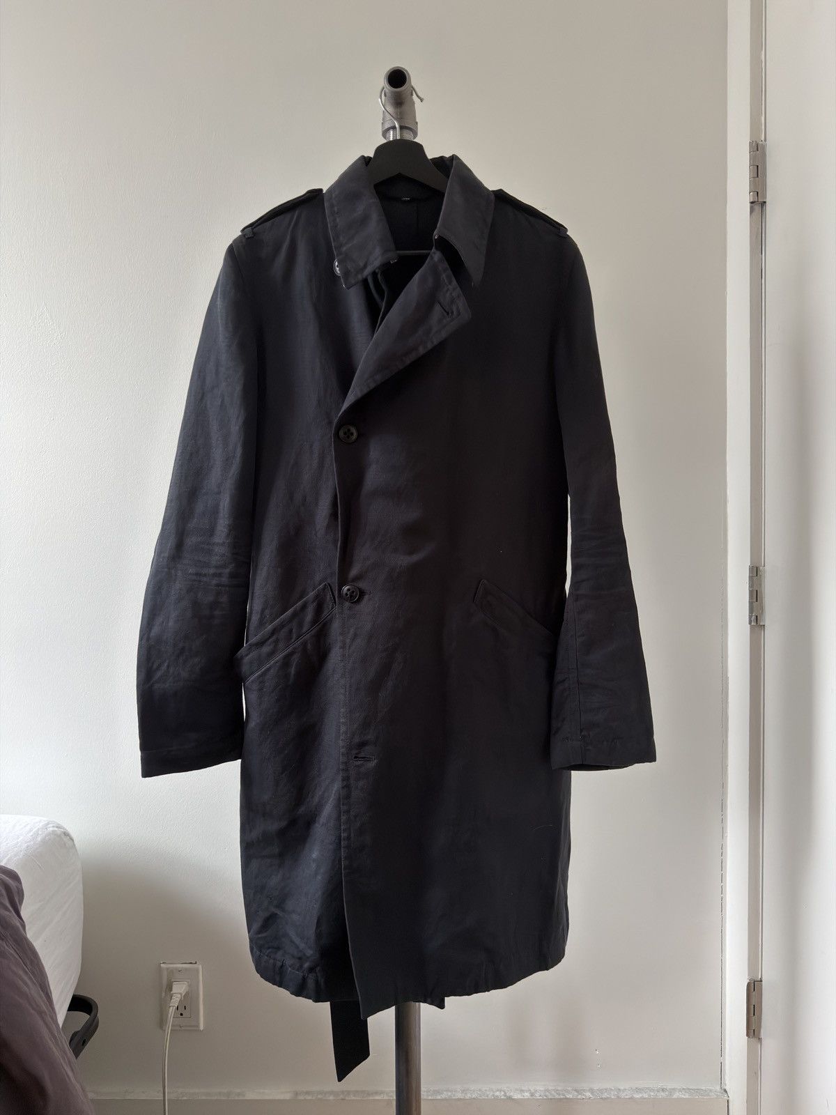 Black Cotton-Linen Trench Coat