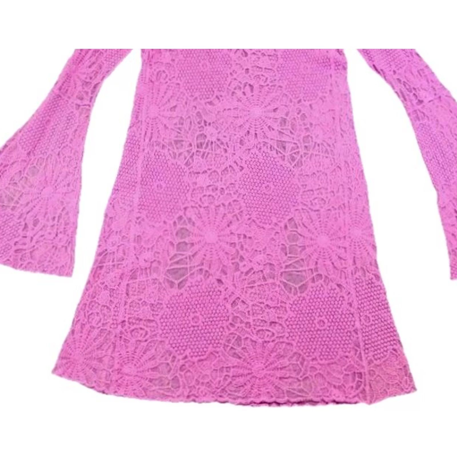 Bell GB Purple Crochet Lace Bell Sleeve Mini Dress Y2K Boho Barbiecore Small Women Bell Sleeve Crochet Lace Floral Round Neck Short Dress Size S / US 4 / IT 40 - 2 Thumbnail