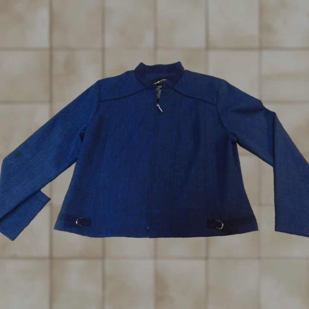 Vintage Sag Harbor Women Blazer 10P Petite Blue Full Zip Stretch Mid-Length Jacket, Business Casual, Long Sleeve, Polyester Size L / US 10 / IT 46 - 1 Thumbnail
