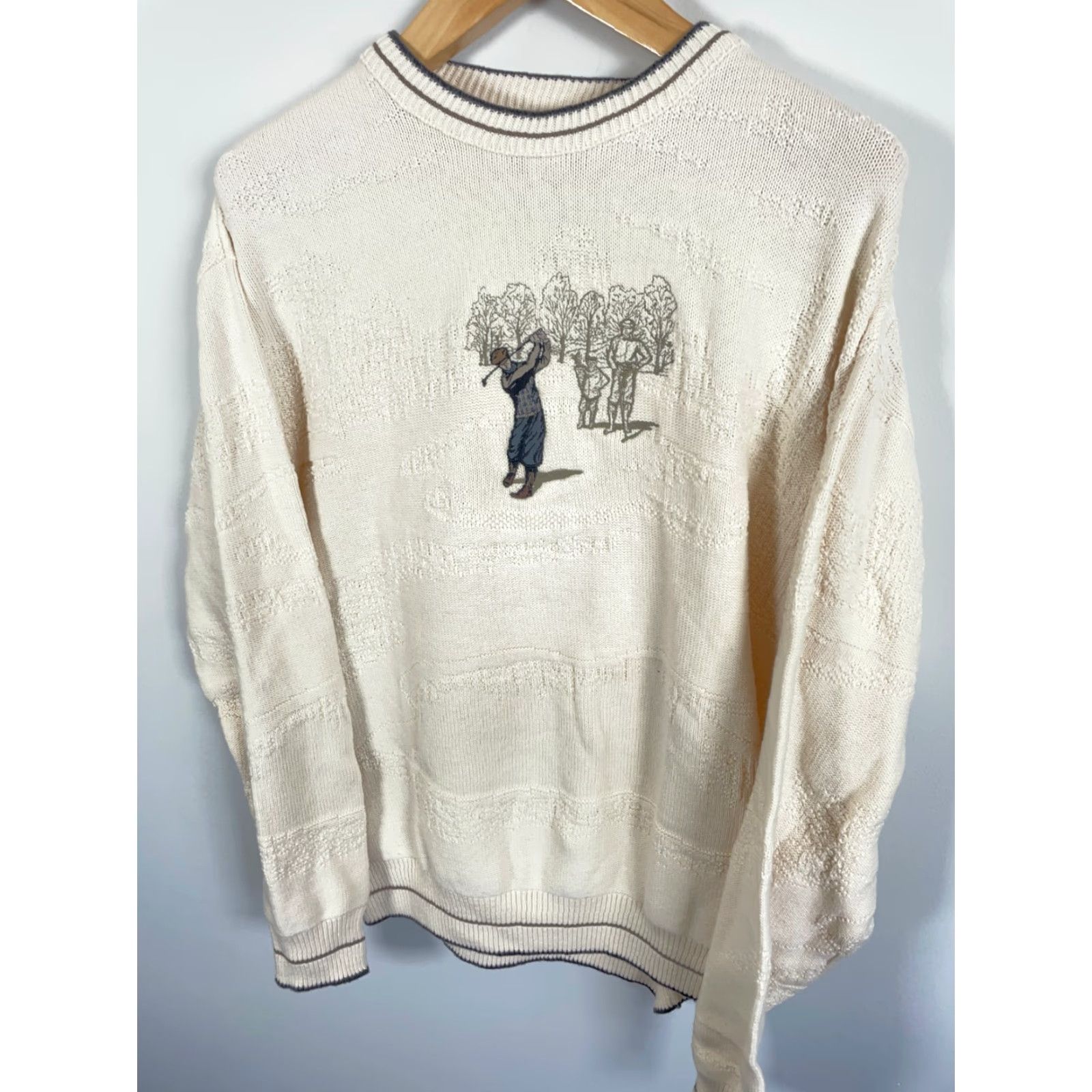 Vintage VINTAGE 90s Golf Motif Sweater Trader Bay Men Large Ivory Embroidered Knit Cotton Textured Crew Neck Pullover Casual Adults Mens Size US L / EU 52-54 / 3 - 5 Thumbnail