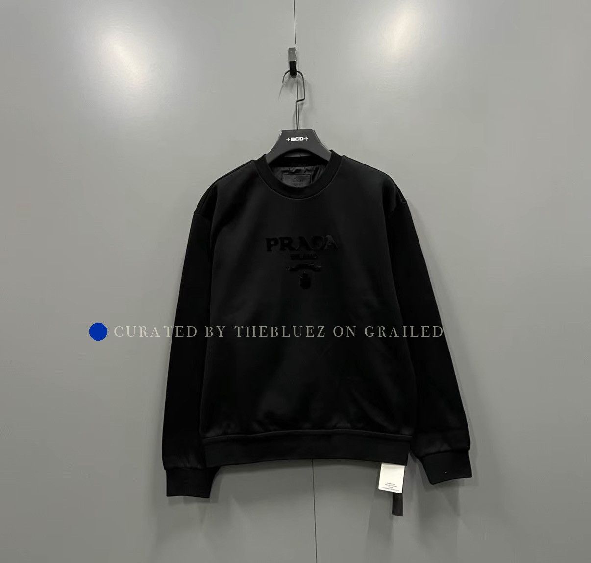 Prada Classic Black Flocked Logo Crew Neck Sweatshirt Size US L / EU 52-54 / 3 - 1 Thumbnail