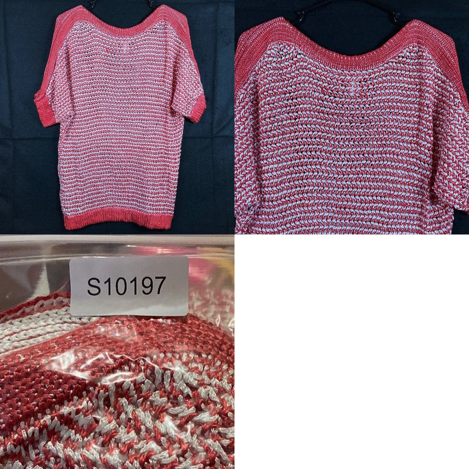 Vintage Chicos Womens Sweater Red White Pullover Open-Knit Short Sleeve Round Neck 2 (L) Size L / US 10 / IT 46 - 8 Thumbnail