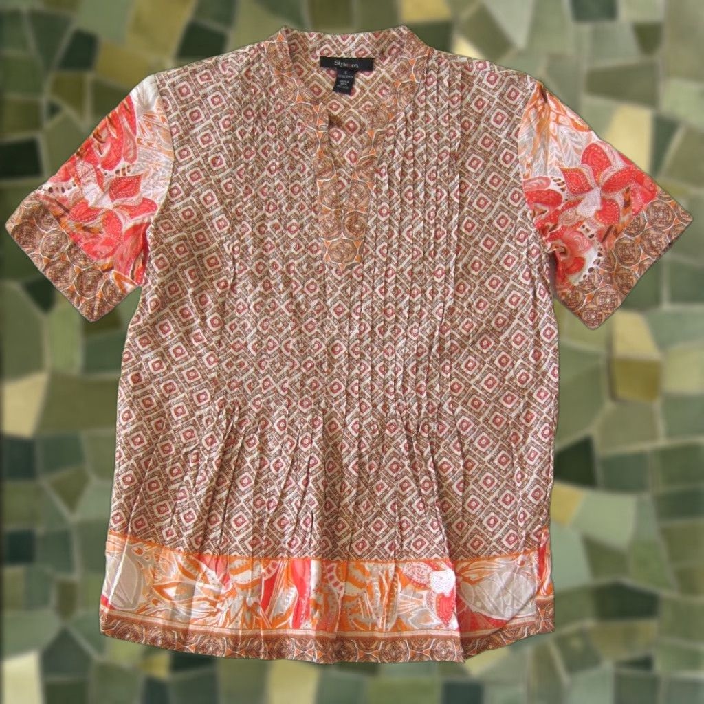 Vintage Style & Co. Cotton Pink Orange Brown V-Neck Short Sleeve Peasant Blouse Small Size S / US 4 / IT 40 - 1 Thumbnail
