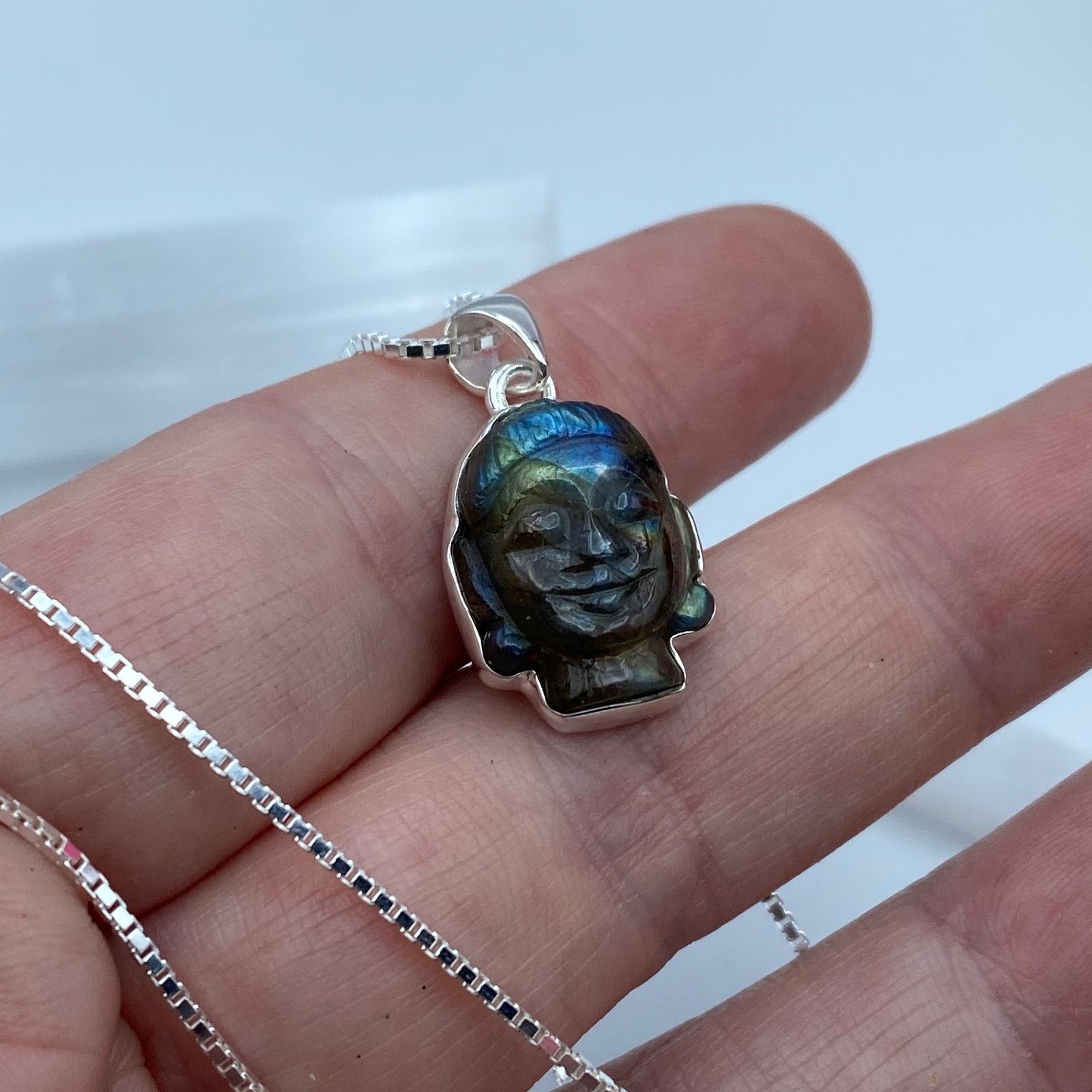 The Unbranded Brand Buddha Carved Labradorite Solid Sterling Silver Necklace Size ONE SIZE - 5 Thumbnail