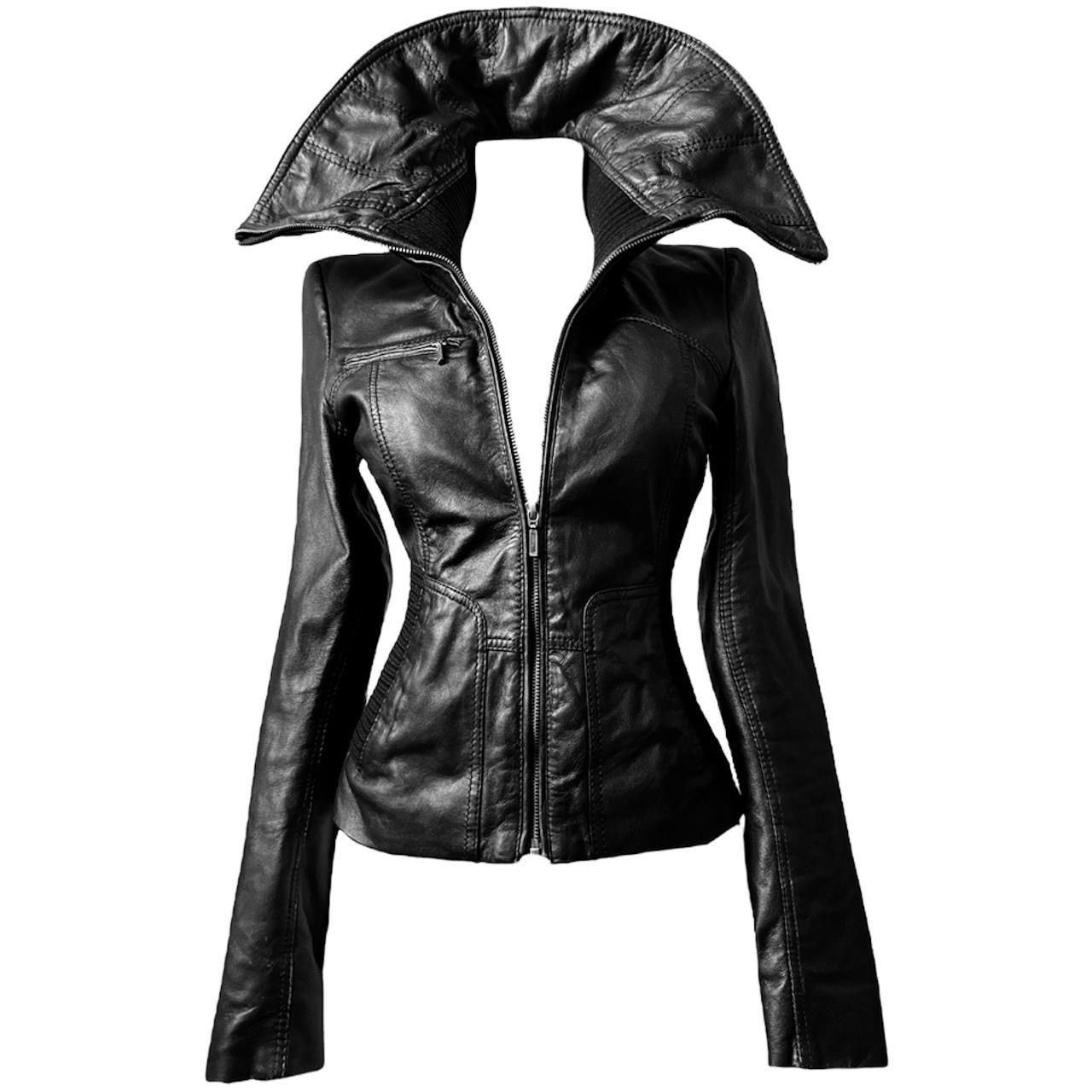 Vintage fitted leather biker avant garde jacket with large collar Size S / US 4 / IT 40 - 1 Thumbnail