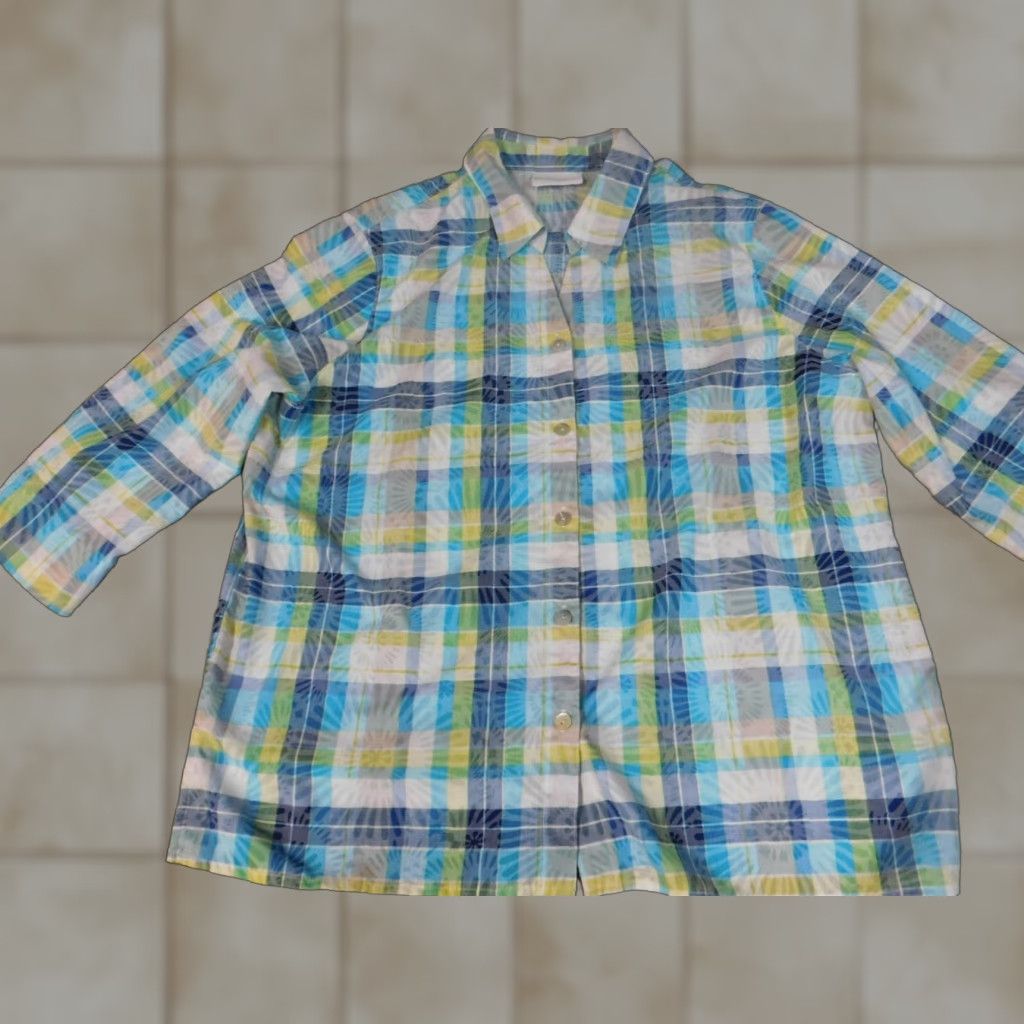 Vintage Alfred Dunner Button-Up Shirt Casual Women 14 Green Plaid Long Sleeve Collared Cotton Down Stretch Vintage? No (omit N/A) Size XL / US 12-14 / IT 48-50 - 1 Thumbnail
