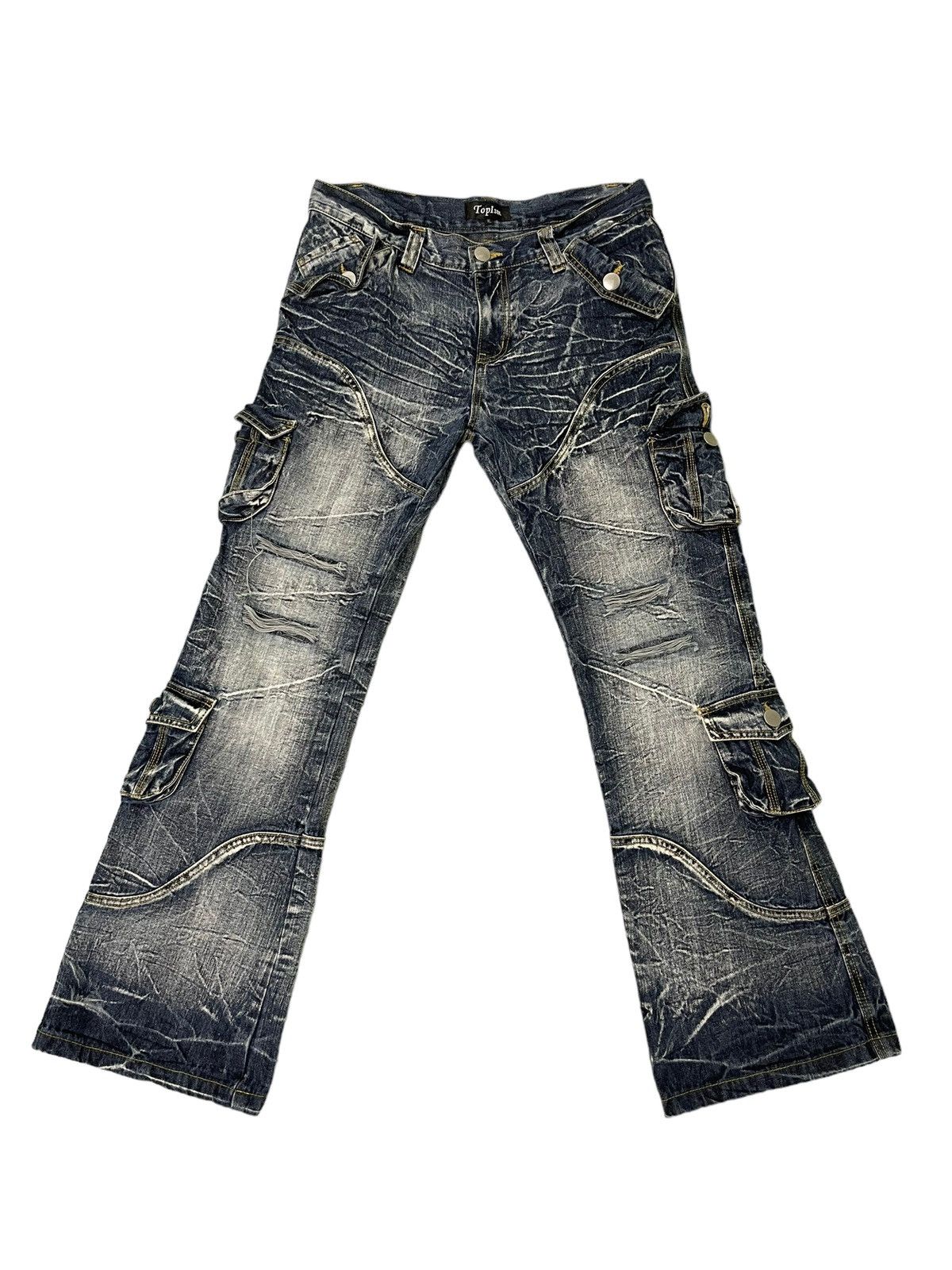 Japanese Brand Flare Jeans Cargo Topism Distress Acid Wash Boot Cut 7🟦4 Size US 33 - 2 Thumbnail