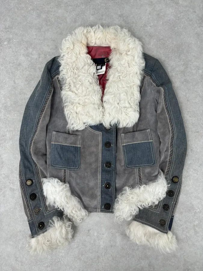 Just Cavalli AW2005 Cavalli Mongolian Fur Grey Leather & Blue Denim Jacket Size M / US 6-8 / IT 42-44 - 1 Thumbnail