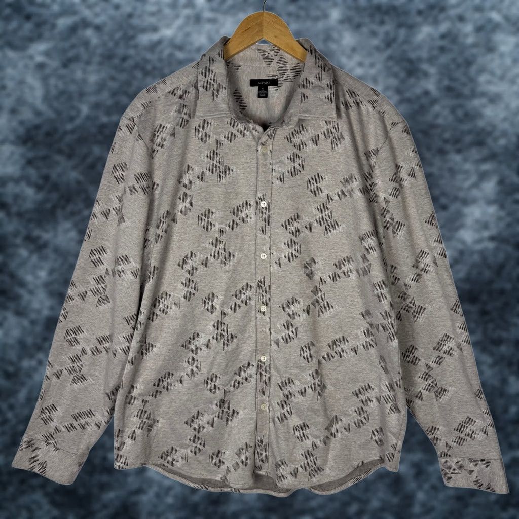 Alfani Alfani Mens XL Silver Cloud Jacquard Knit Button Down Long Sleeve Shirt Size US XL / EU 56 / 4 - 1 Thumbnail