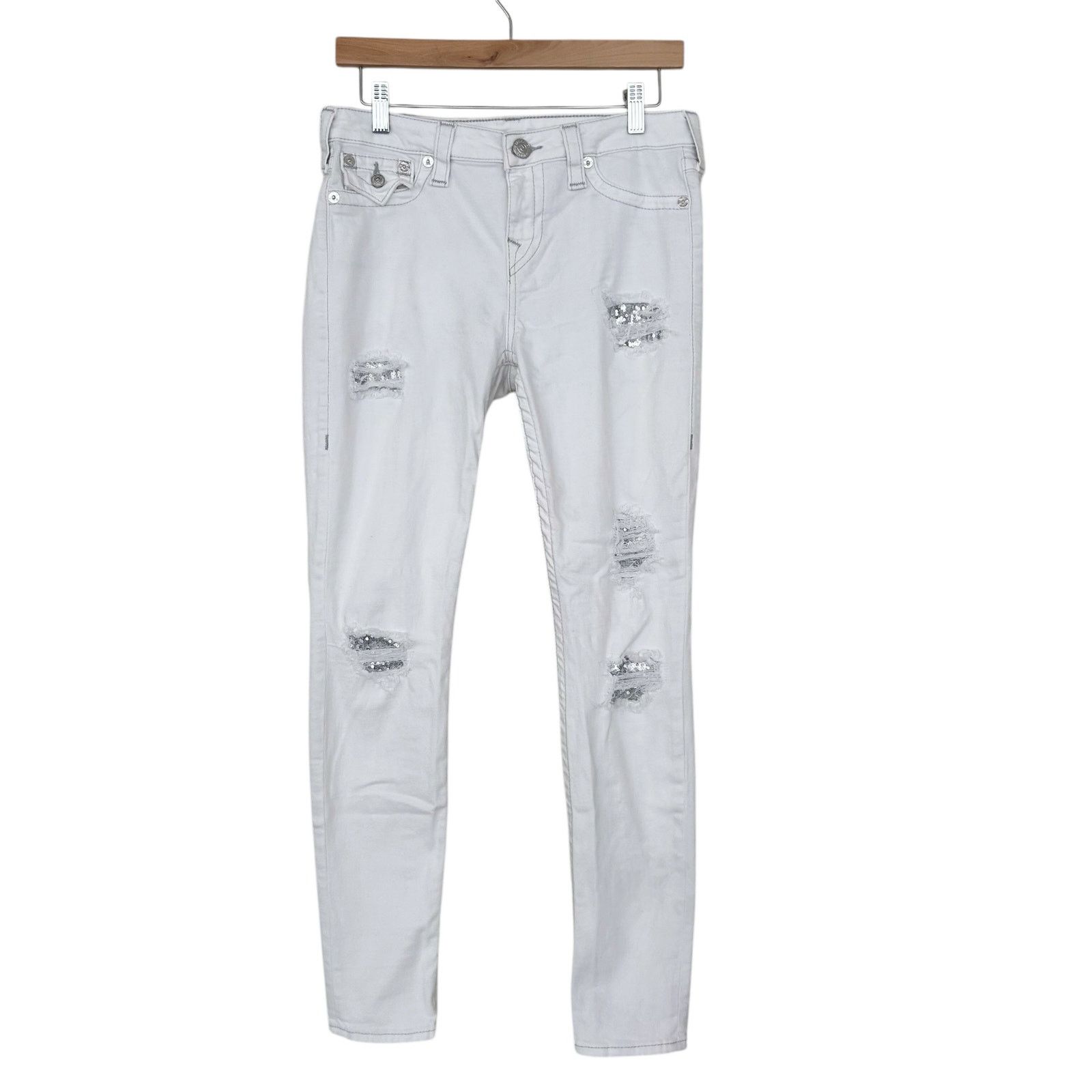 True Religion True Religion White Distressed Sequin Skinny Jeans Sz 29 Size 29" - 1 Thumbnail