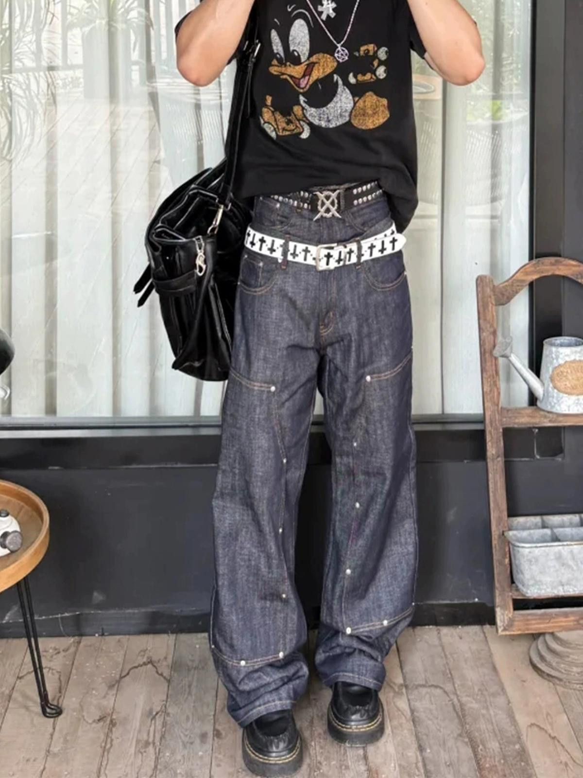 Indigo Blue Raw Denim Button Wide Leg Jeans
