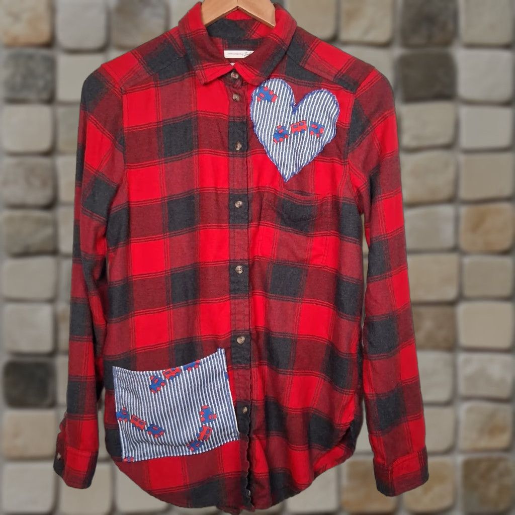Vintage Reworked American Eagle Shirt Flannel Shirt Women S Red Plaid Patch Pocket One of a Kind Upcycled OOAK Cozy Soft Wear Train Accent Button-Up Vintage? Size S / US 4 / IT 40 - 1 Thumbnail