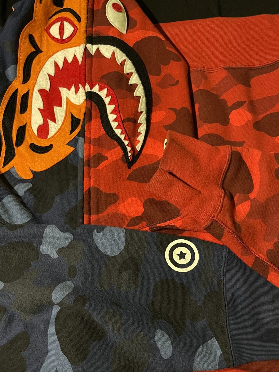 image of Bape Color Camo Tiger Shark Half Full Zip Hoodie in Navy, Men's (Size 2XL)