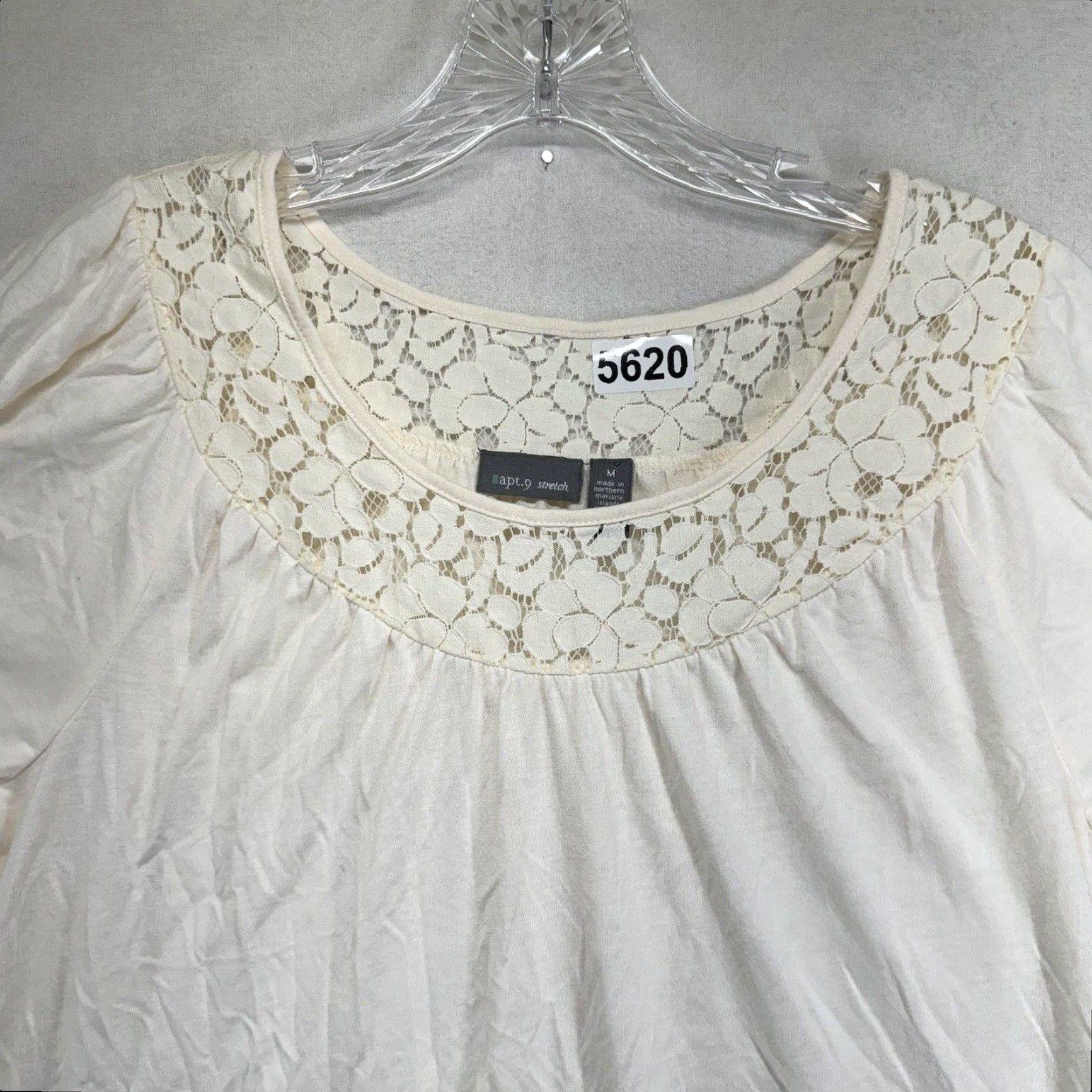 Apt. 9 VINTAGE Apt. 9 Women's Blouse Short Sleeve Lace Round Neck Ivory Floral Accents Bohemian Classic Medium Size M / US 6-8 / IT 42-44 - 3 Thumbnail