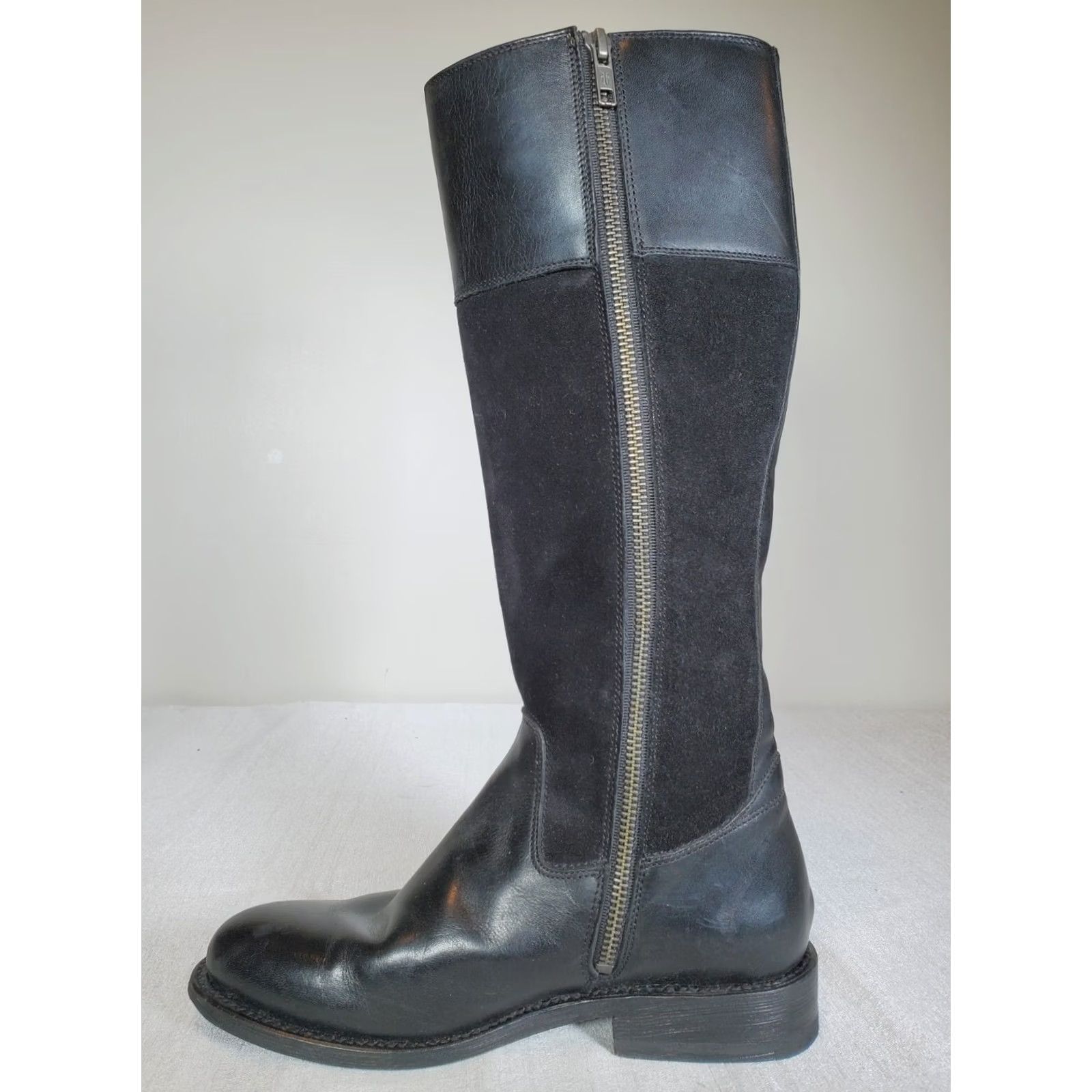 Frye FRYE Jayden Button Black Leather and Suede Tall Riding Boots Women's US 6 B Shaft 15 3/4" Calf Runs Narrow Leather Lined Block Heel 1 1/4" Size US 6 / IT 36 - 3 Thumbnail