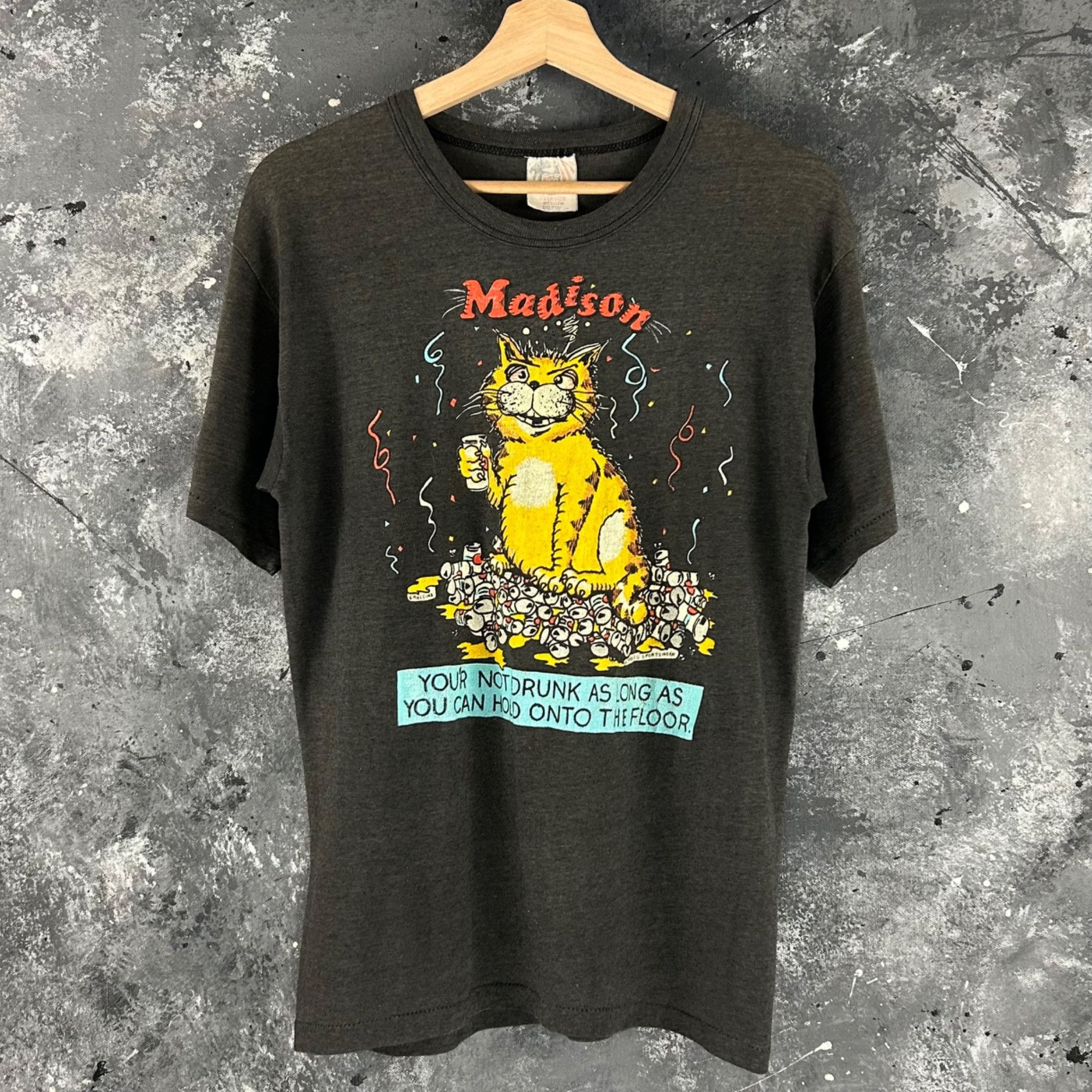 Vintage Vintage 1988 Drunk Cat humor black shirt Size US S / EU 44-46 / 1 - 1 Thumbnail