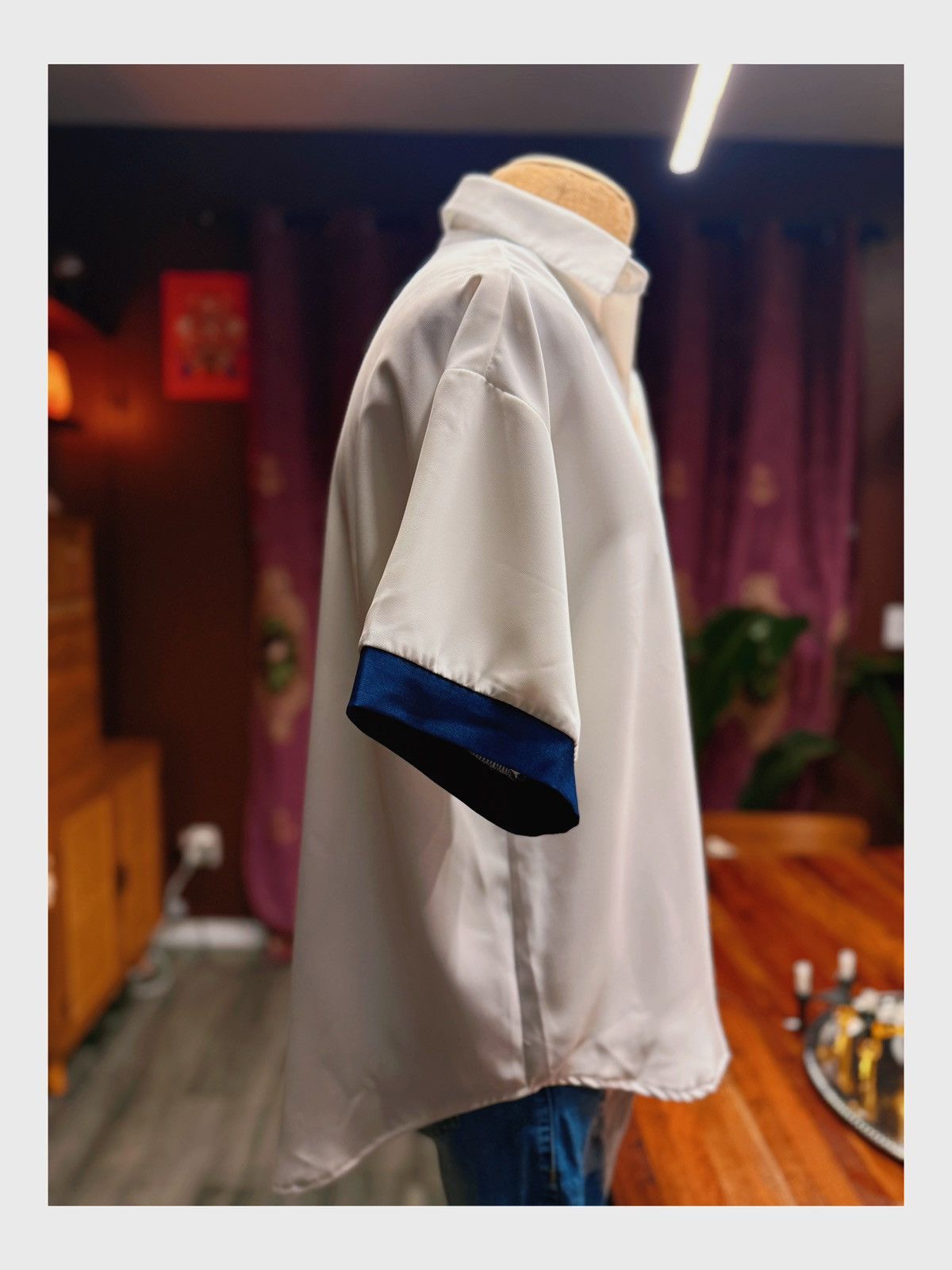 Other Unisex Silky Short Sleeve Button-Up Shirt – White with Navy Size M / US 6-8 / IT 42-44 - 4 Thumbnail
