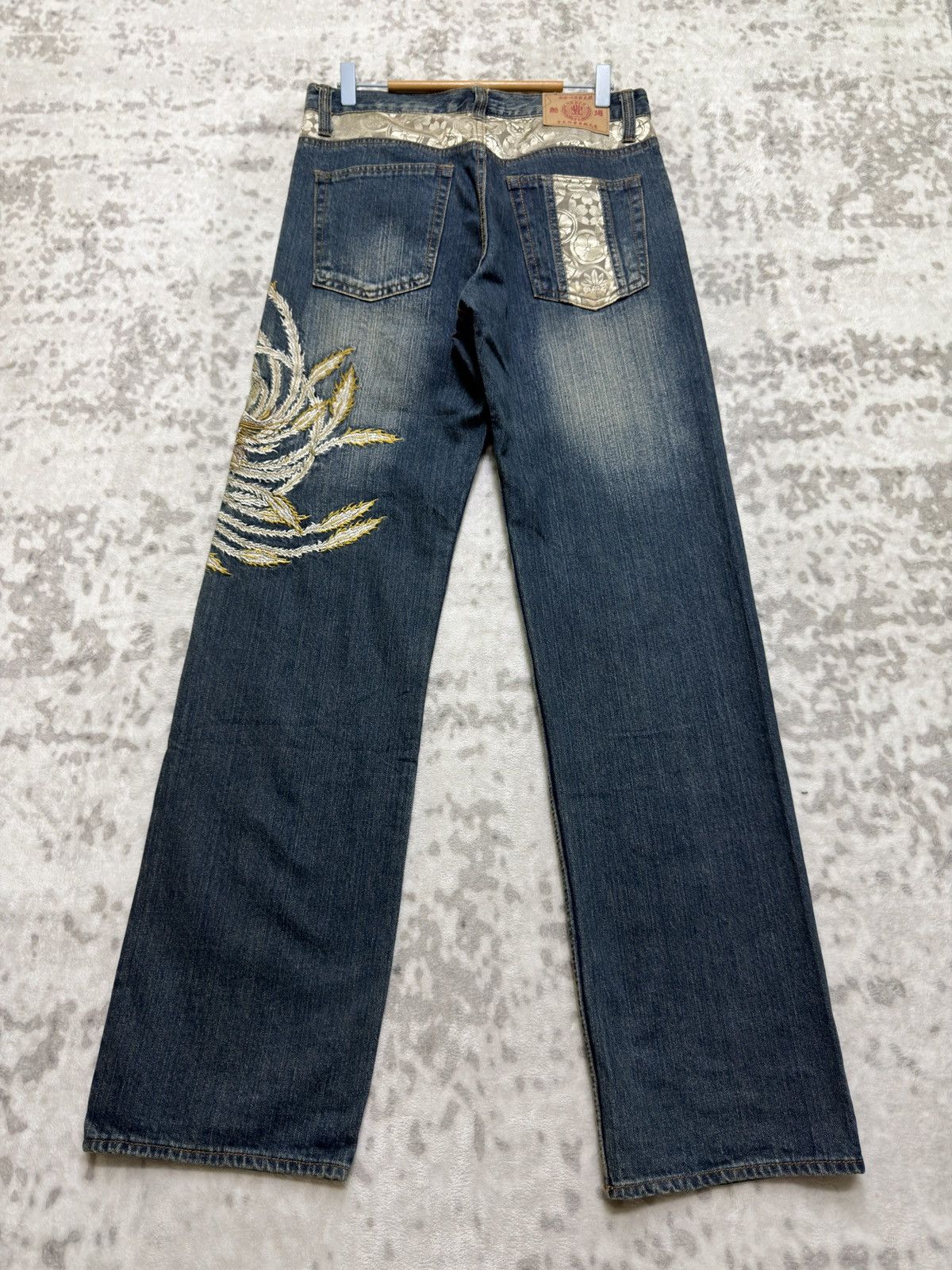 Karakuri Tamashii Bouten Shoten Phoenix Embroidered Straight Fit Denim Jeans Size US 31 - 2 Thumbnail