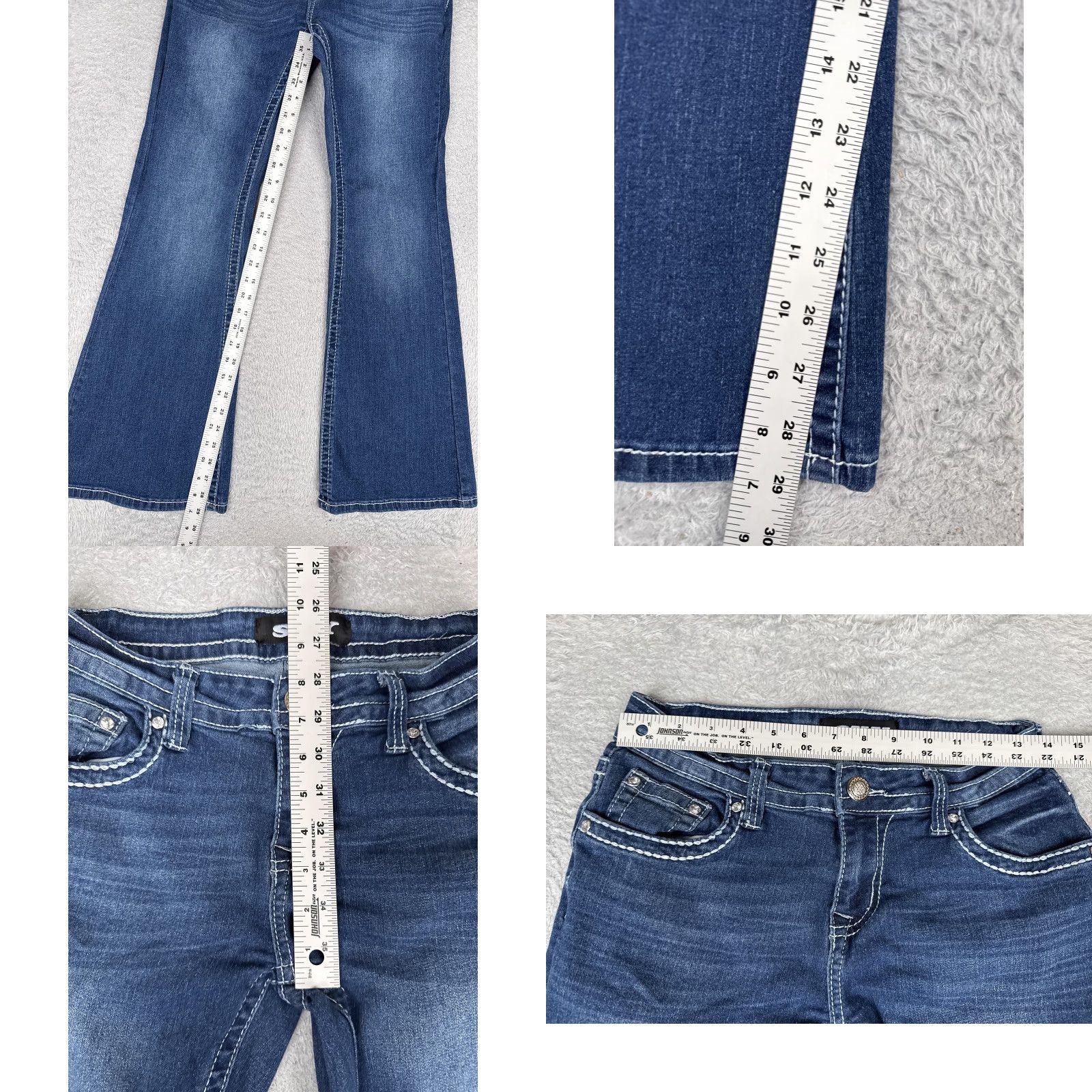 Vintage Sky Jeans Juniors 7 Blue Med Wash Low Rise Flared Stretch Rhinestone Pockets 5-Pocket Denim Slim Women's Size 28" / US 6 / IT 42 - 8 Thumbnail