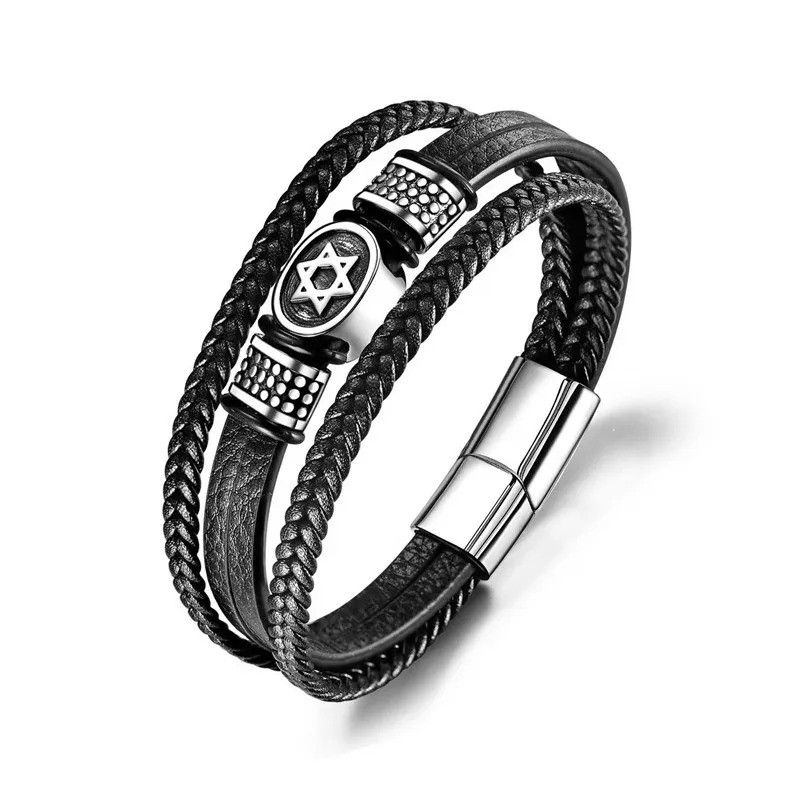 Other Hexagram Star of David Leather Bracelet Cuff Gift For Him Size ONE SIZE - 7 Thumbnail