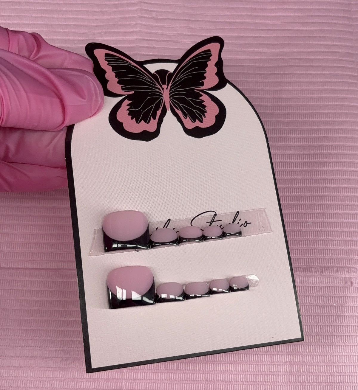 Handmade press on toenails pink nude black French tips handmade gel Size ONE SIZE - 9 Thumbnail