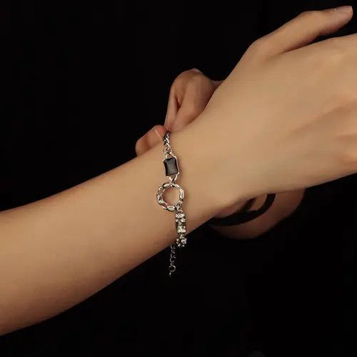 Jewelry Silver Chain Link Bracelet with Black Accent, Adjustable Size ONE SIZE - 7 Thumbnail