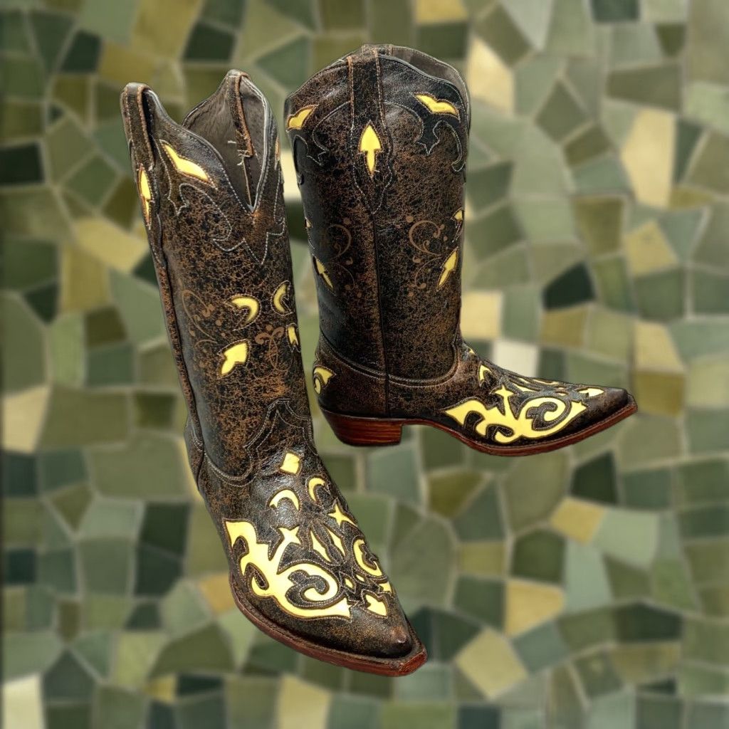 Vintage Pecos Bill Western Boots Womens 8 Brown Leather Cowgirl Fancy Inlay Mid-Calf Block Heel Shoes