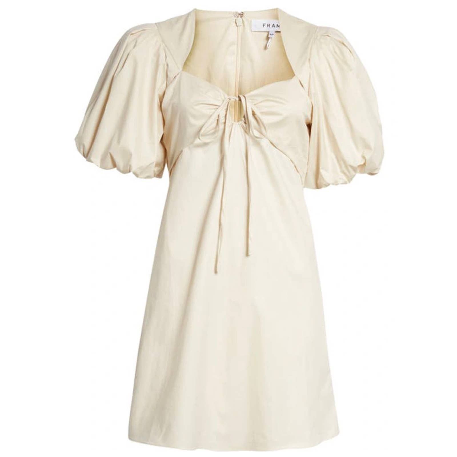 image of New Frame Tie Neck Puff Sleeve Stretch Poplin Minidress Flax in Cream, Women's (Size Medium)