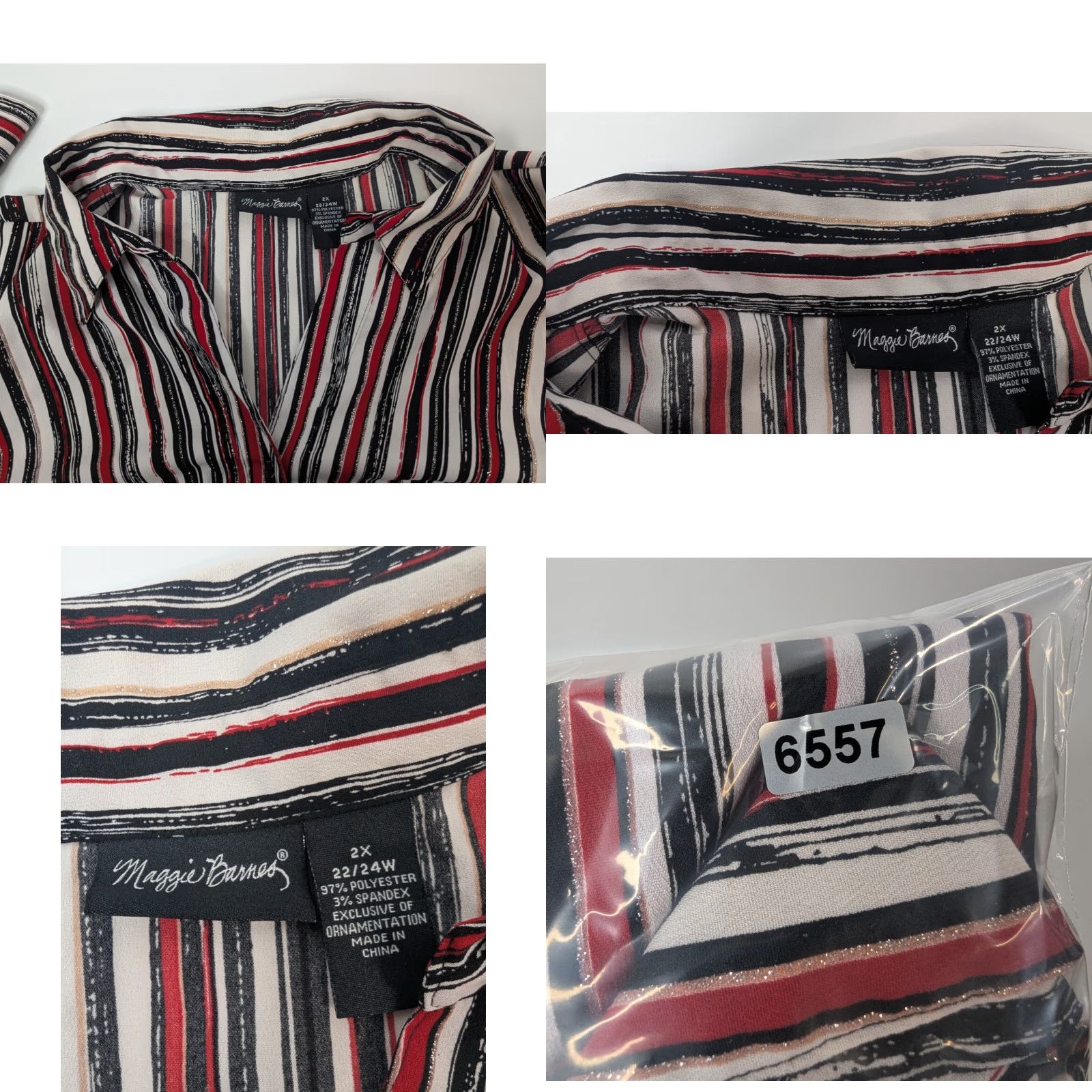 Vintage Maggie Barnes Shirt 2X Womens Red Stripe Button Front Stretch V-Neck Long Sleeve Casual Size XXL / US 16-18 / IT 52-54 - 8 Thumbnail