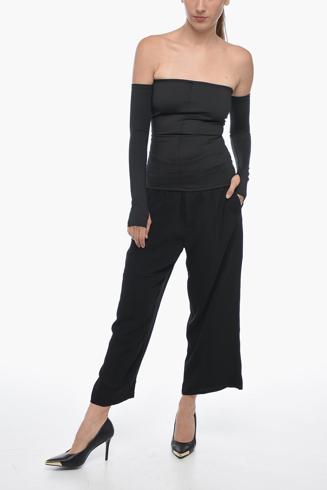 Maison Margiela og1mm1224 Stretch Fabric Cold-Shoulder Top in Black Size L / US 10 / IT 46 - 4 Thumbnail