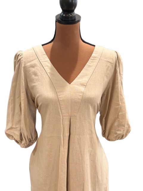 Cynthia Rowley Linen Mini Dress with ¾ Puff Balloon Sleeves in Beige Size L / US 10 / IT 46 - 2 Thumbnail