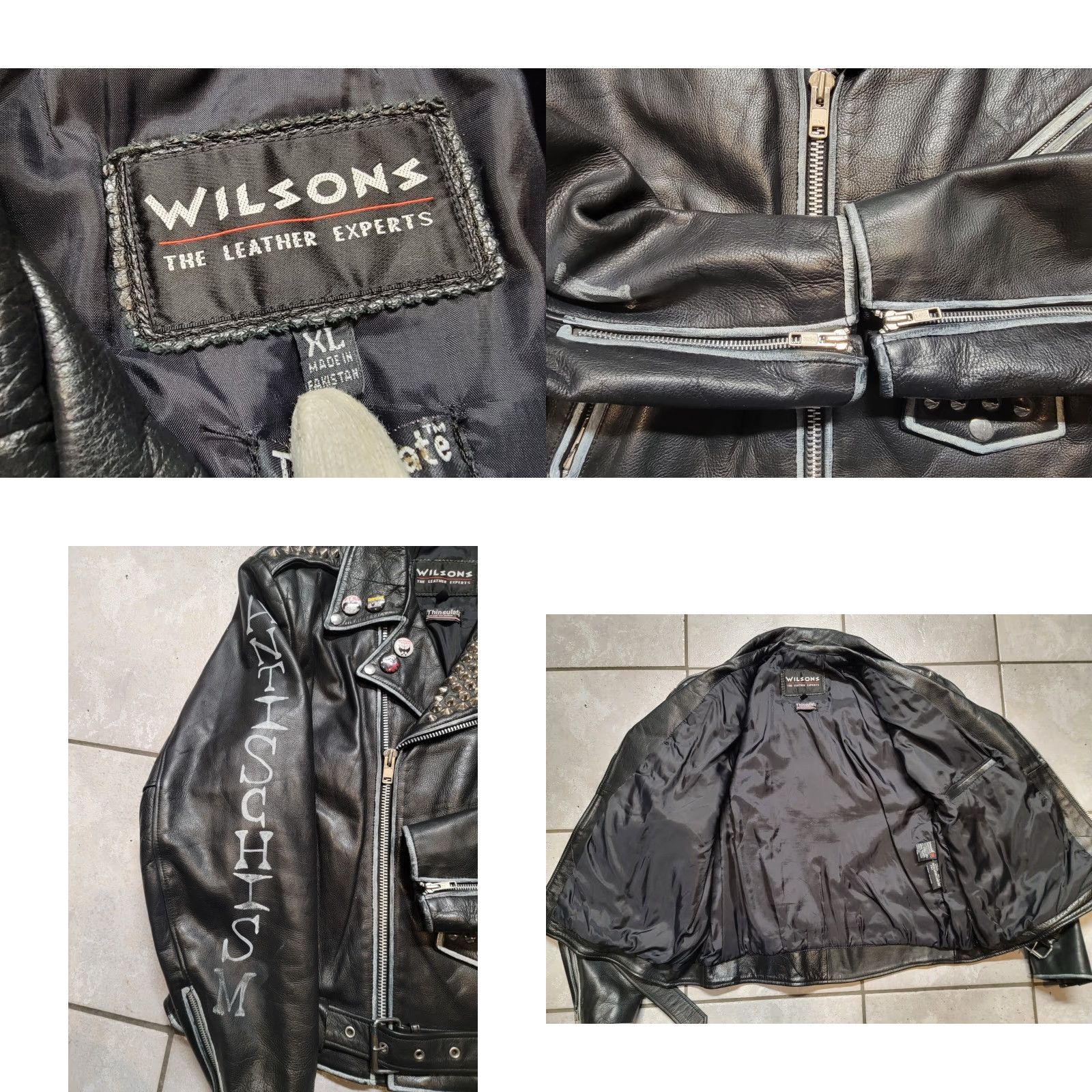Wilson VINTAGE WILSON PUNK METAL TRASH PAINT MOTORCYCLE LEATHER JACKET XLARGE Jacket Mens Leather Black 90s Size US XL / EU 56 / 4 - 8 Thumbnail