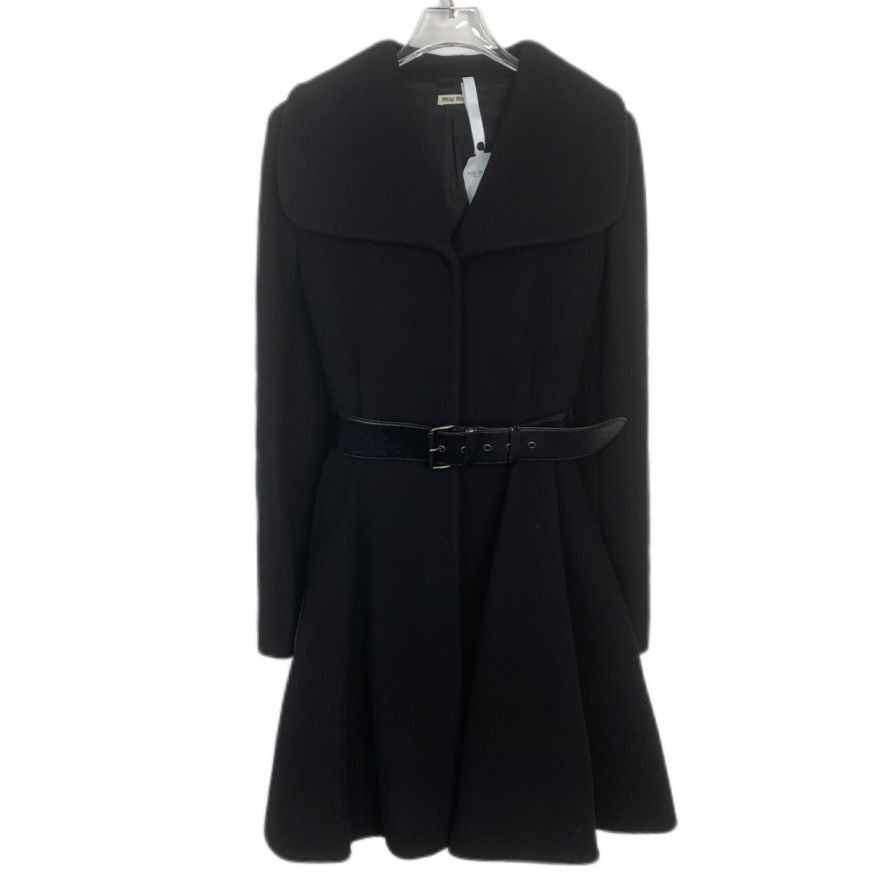 Miu Miu [MiuMiu] Notched Lapel Belted Black Coat 38/S Size S / US 4 / IT 40 - 1 Thumbnail