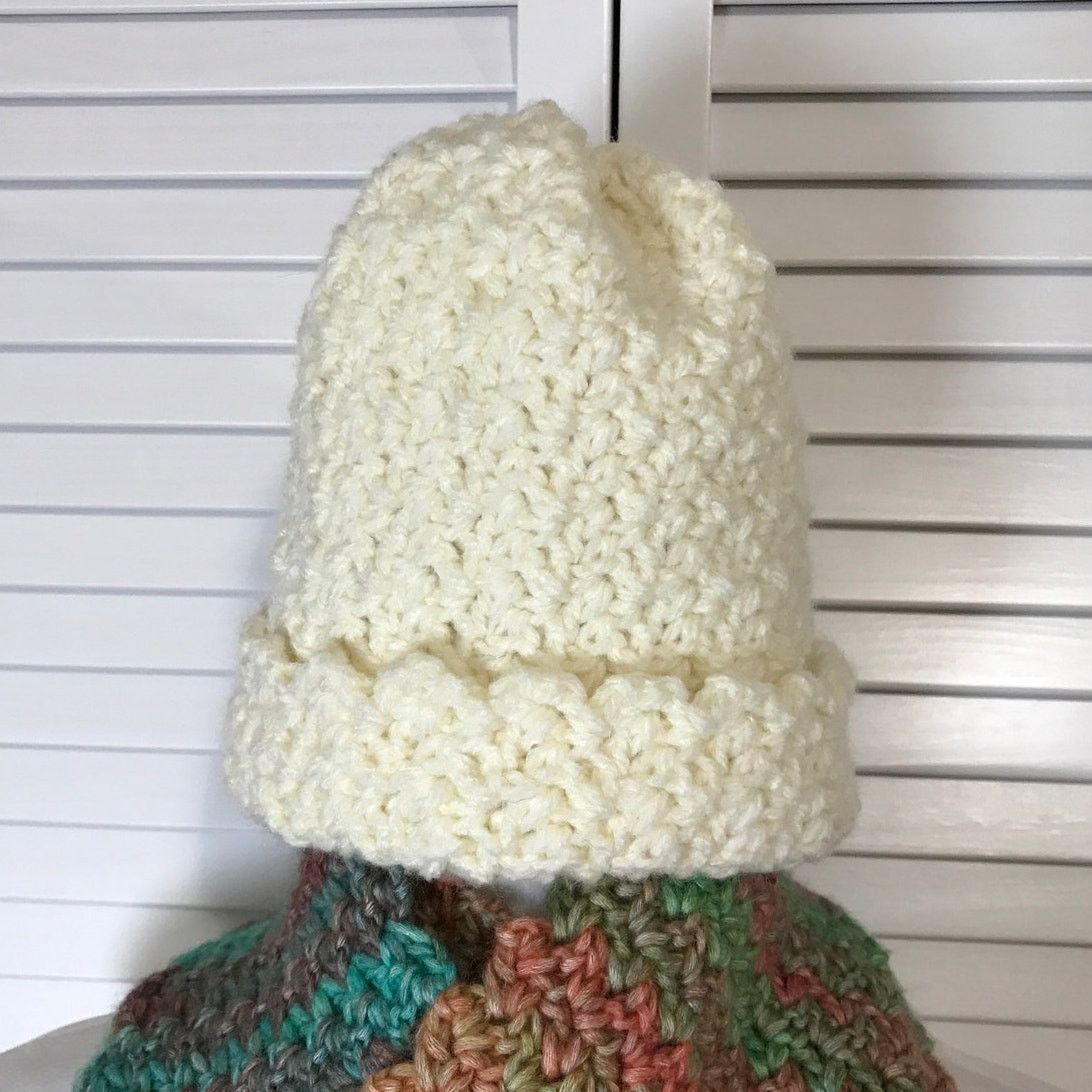 Handmade NWT Handmade Crocheted Beige Textured Adult Beanie Scarf 58” Size ONE SIZE - 3 Thumbnail